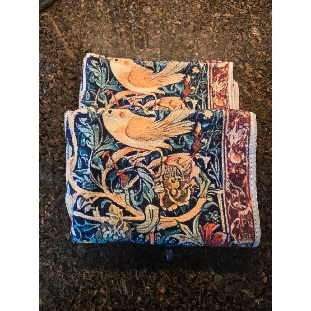 Floral Bird Tapestry Kitchen Towels Pair - Navy, Tan & Red